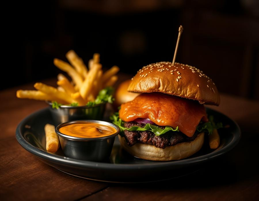 Beef burger and fries